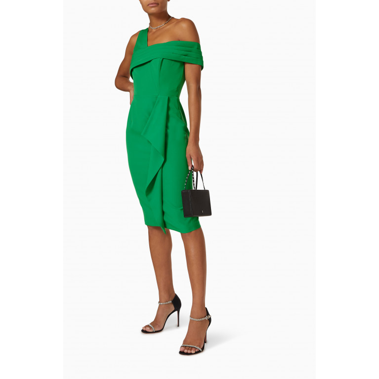 Lavish Alice - Pleated Asymmetric Off-shoulder Midi Dress Green