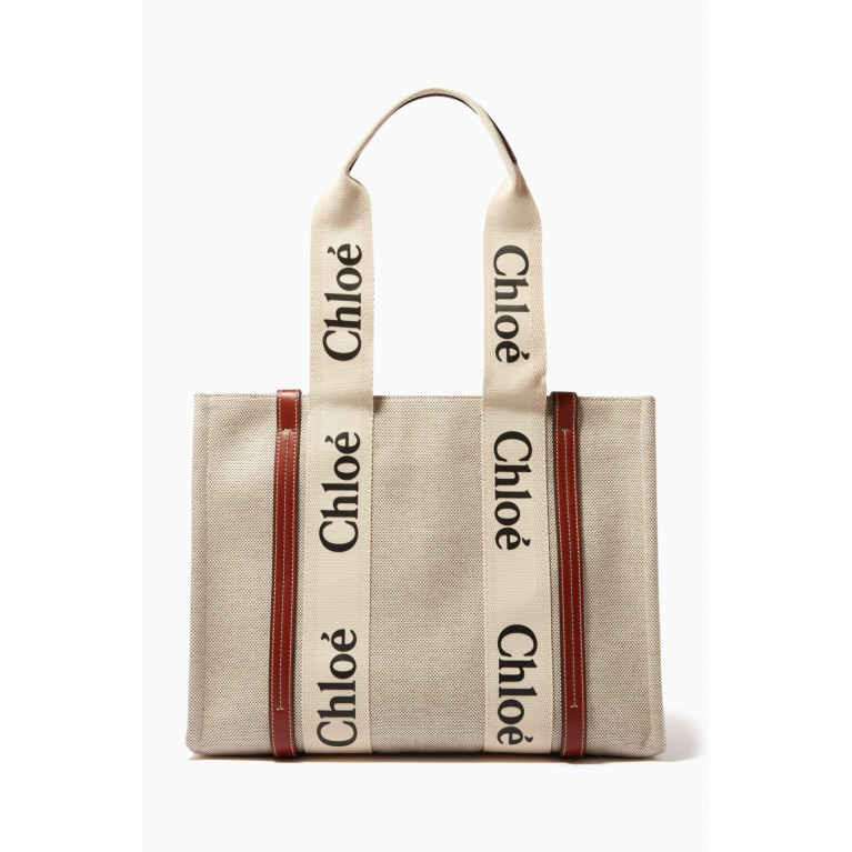 Chloé - Woody Medium Tote Bag in Linen Canvas & Calfskin Brown