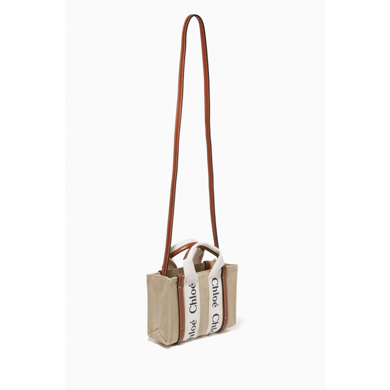 Chloé - Woody Mini Tote Bag in Linen Canvas & Calfskin Brown