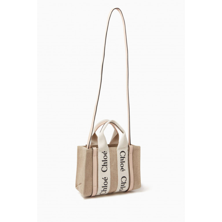 Chloé - Woody Mini Tote Bag in Linen Canvas & Calfskin Pink