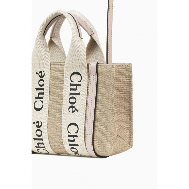 Chloé - Woody Mini Tote Bag in Linen Canvas & Calfskin Pink