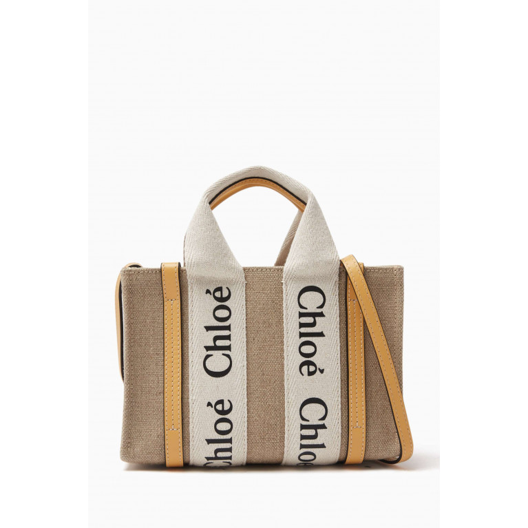Chloé - Woody Mini Tote Bag in Linen Canvas & Calfskin Orange