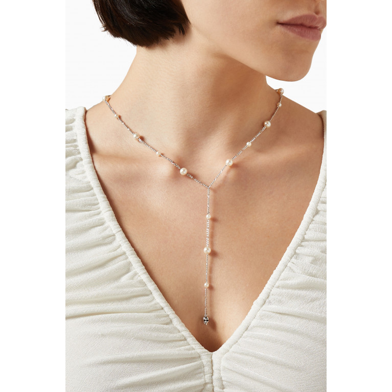 Awe Inspired - Freshwater Pearl Lariat Necklace in 14k White Gold Silver