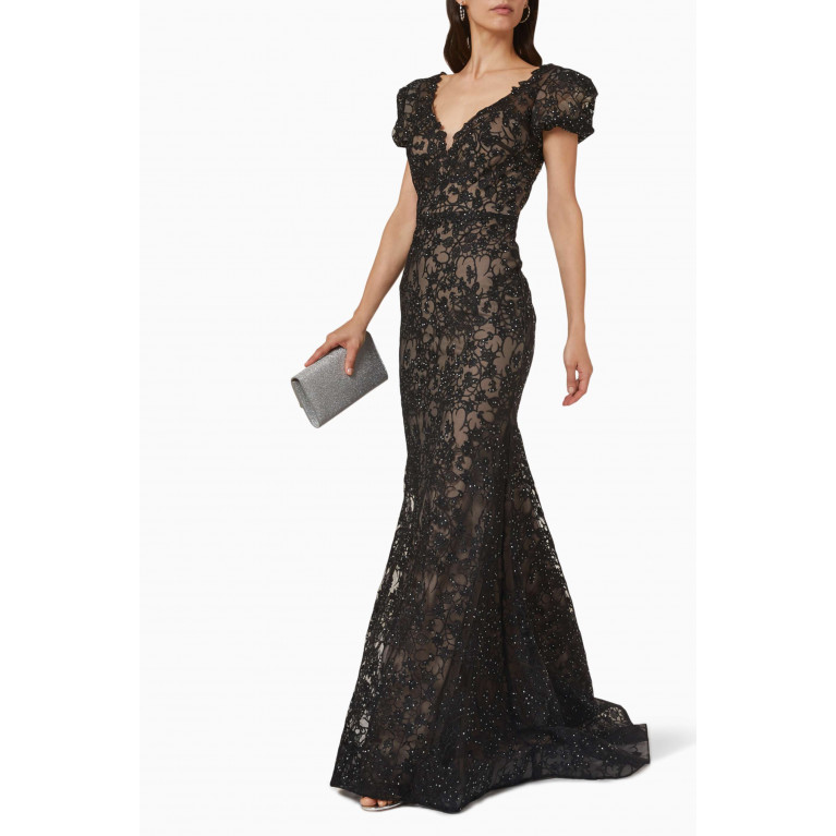 Mac Duggal - Floral Lace Puff-Sleeves Gown