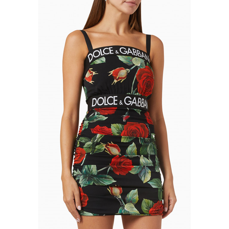 Dolce & Gabbana - Roses-print & Logo-tape Mini Dress in Silk-charmeuse