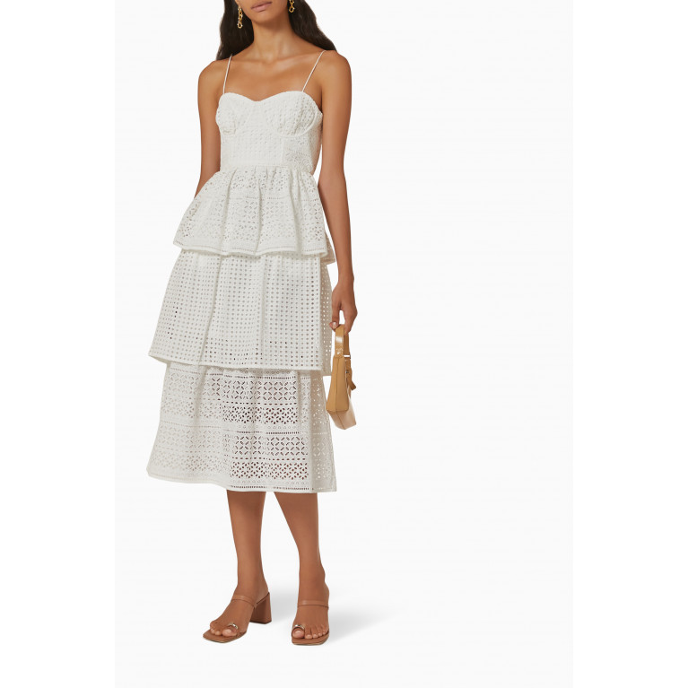 Self-Portrait - Tiered Midi Dress in Broderie Anglaise Cotton
