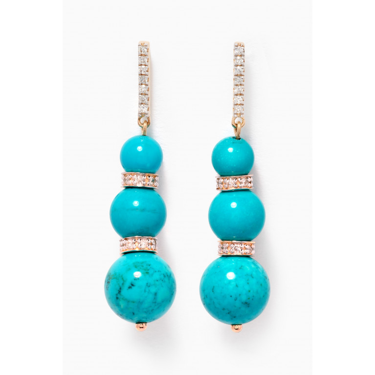 Mateo New York - Three Turquoise Ball Drop & Diamonds Earrings in 14kt Yellow Gold Blue