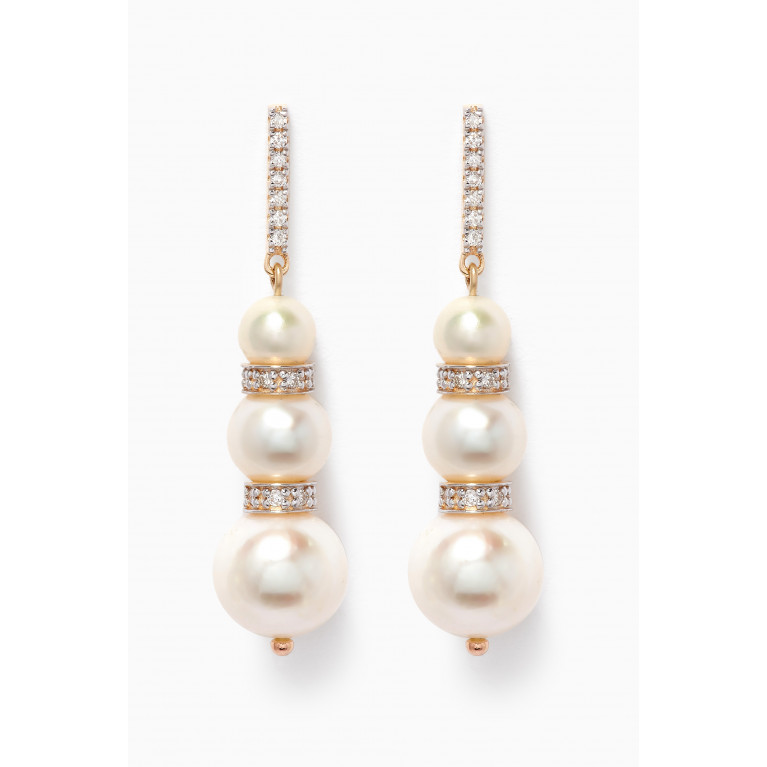 Mateo New York - Three Pearl Ball Drop & Diamonds Earrings in 14kt Yellow Gold White