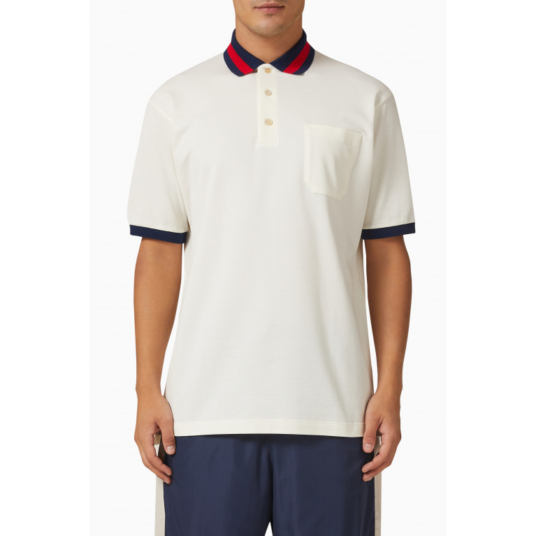 Gucci - Web Collar Polo Shirt in Stretch Cotton Piquet Neutral