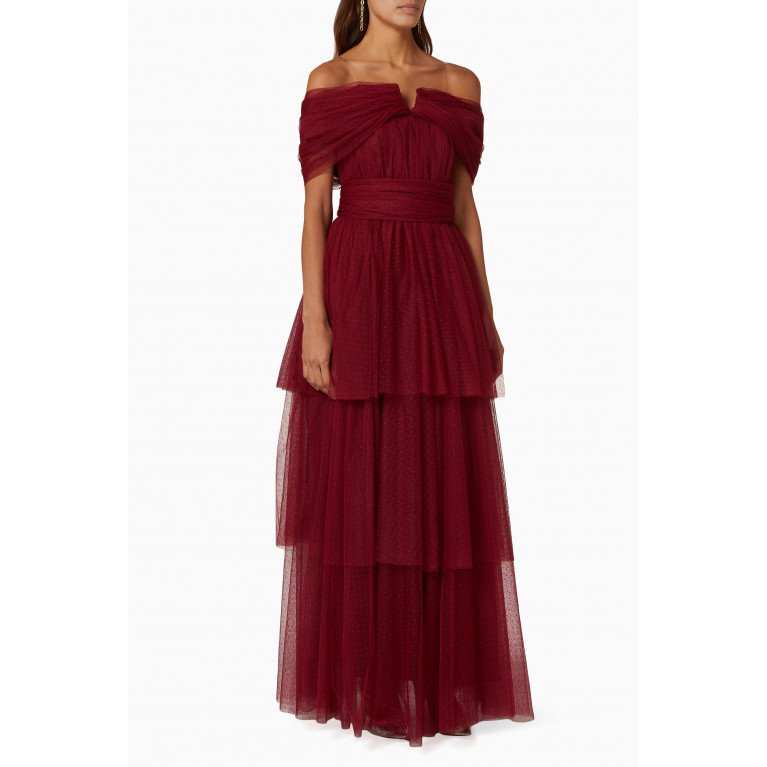 NASS - Off-the-shoulder Tiered Maxi Dress in Tulle Mesh Red
