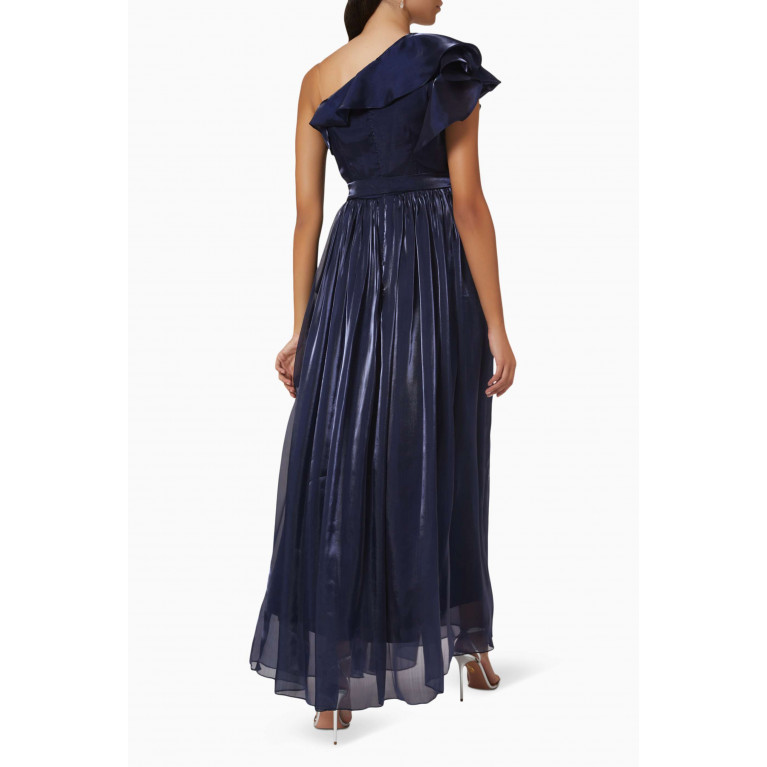 NASS - One-shoulder Ruffled Maxi Dress in Shiny Chiffon Blue