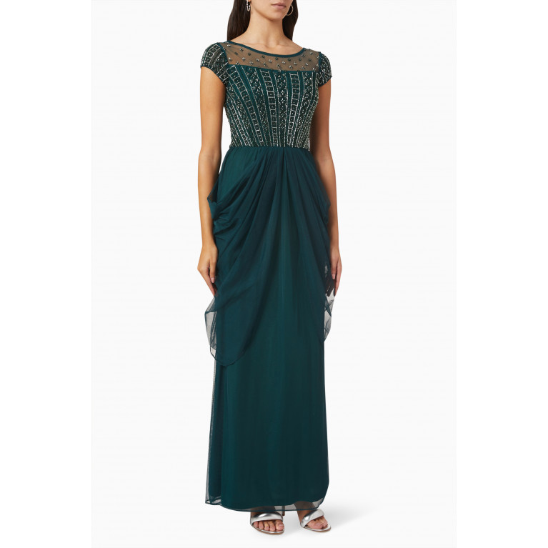 Raishma - Crystal Embellished Gown in Tulle Mesh Green