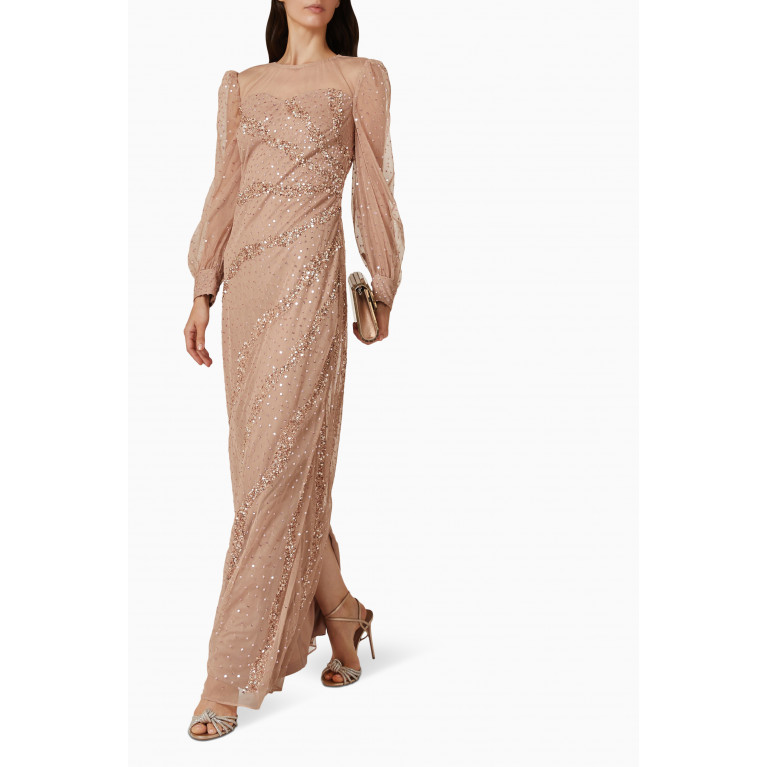 Raishma - Puff Sleeve Gown in Embellished Tulle Neutral