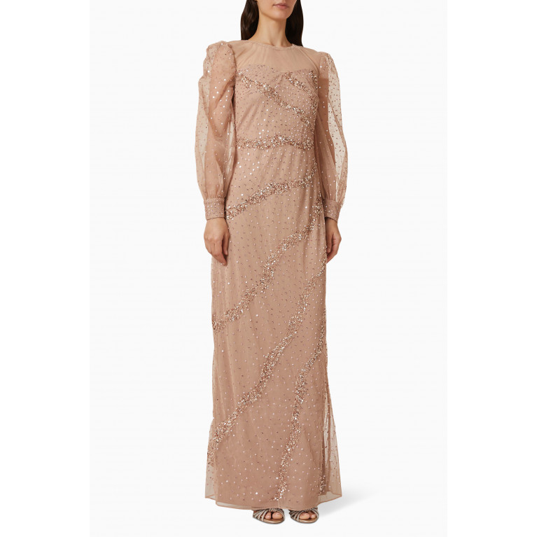 Raishma - Puff Sleeve Gown in Embellished Tulle Neutral