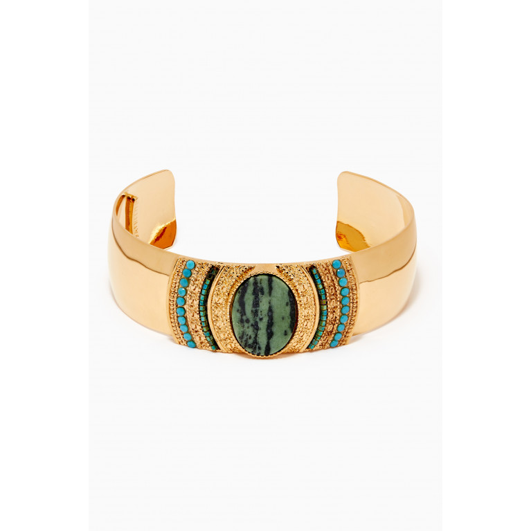 Satellite - Anyolite Japanese Beaded Cuff Bracelet in 18kt Gold-plated Metal