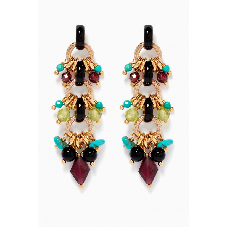 Satellite - Garnet Onyx Turquoise Peridot Earrings in 14kt Gold-plated Metal