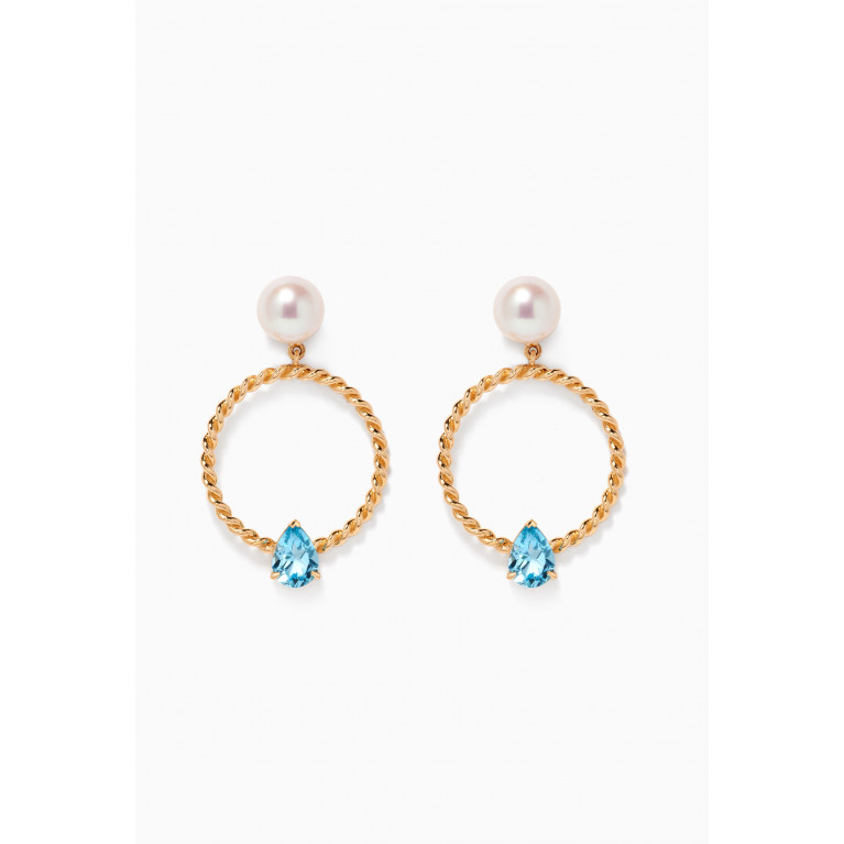 Damas - Kiku Freshwater Pearl & Blue Topaz Earrings in 18kt Yellow Gold