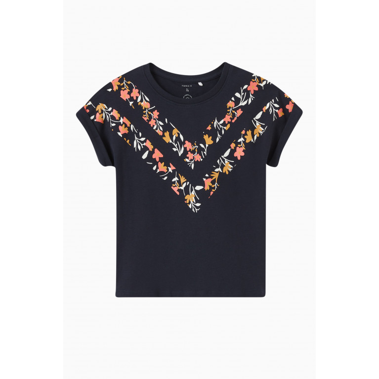 Name It - Floral-print T-shirt in Cotton Blue