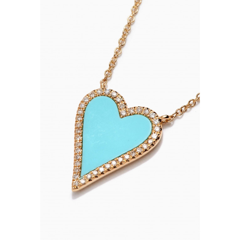 By Adina Eden - Diamond Elongated Turquoise Heart Necklace in 14kt Yellow Gold Blue