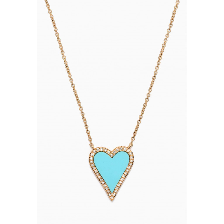 By Adina Eden - Diamond Elongated Turquoise Heart Necklace in 14kt Yellow Gold Blue
