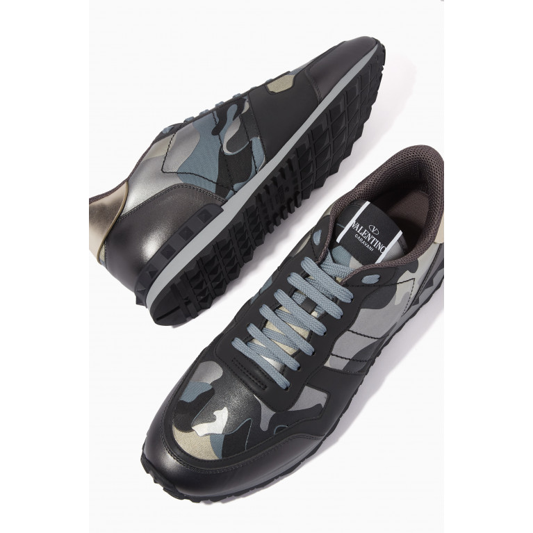 Valentino - Valentino Garavani Camouflage Rockrunner Sneakers in Fabric & Metallic Leather