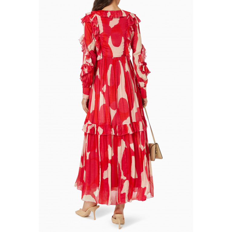 KoAi - Frill Abstract Print Midi Dress in Chiffon