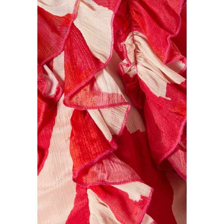 KoAi - Frill Abstract Print Midi Dress in Chiffon
