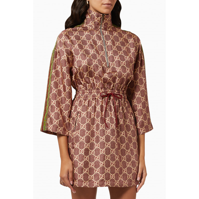 Gucci - GG Supreme Print High-neck Mini Dress in Organic Silk Twill