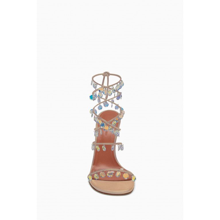 Amina Muaddi - Tina 105 Pendant-charms Lace-up Sandals in Metallic Nappa Neutral