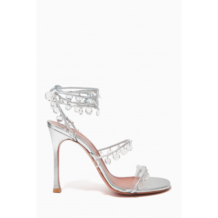Amina Muaddi - Tina 105 Pendant-charms Lace-up Heels in Leather Silver