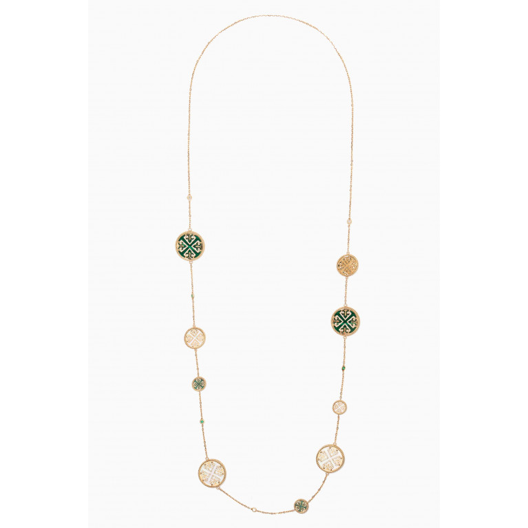 Damas - Lace Mixed Motif Malachite, White Mother of Pearl & Diamond Necklace in 18kt Yellow Gold