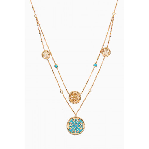 Damas - Lace Medallion Turquoise & Diamond Double Layer Necklace in 18kt Yellow Gold