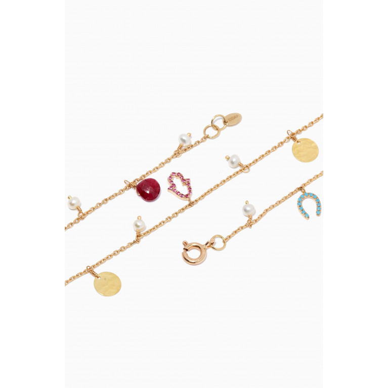 Dima Jewellery - Coin Pink Sapphire, Pearl & Diamond Charm Anklet in 18kt Yellow Gold