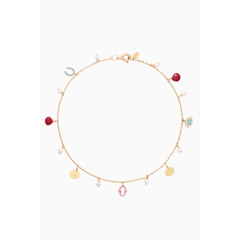Dima Jewellery - Coin Pink Sapphire, Pearl & Diamond Charm Anklet in 18kt Yellow Gold