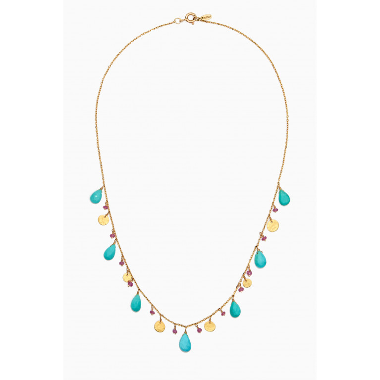 Dima Jewellery - Coin Turquoise & Pink Sapphire Necklace in 18kt Yellow Gold