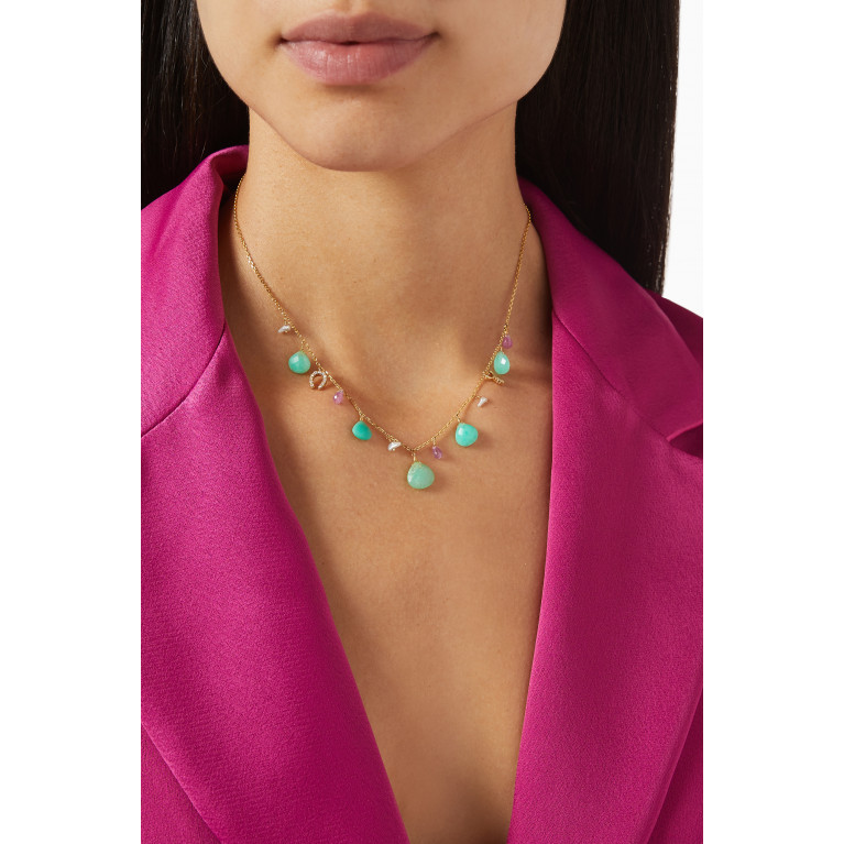 Dima Jewellery - Chrysoprase, Pink Sapphire & Diamond Necklace in 18kt Yellow Gold