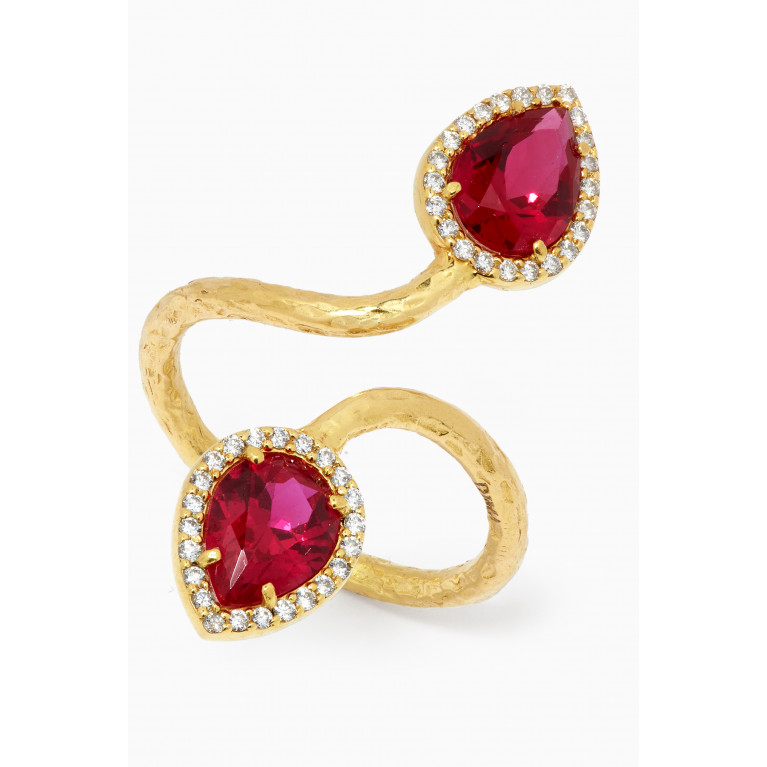 Dima Jewellery - Double Drop Ruby & Diamond Ring in 18kt Yellow Gold