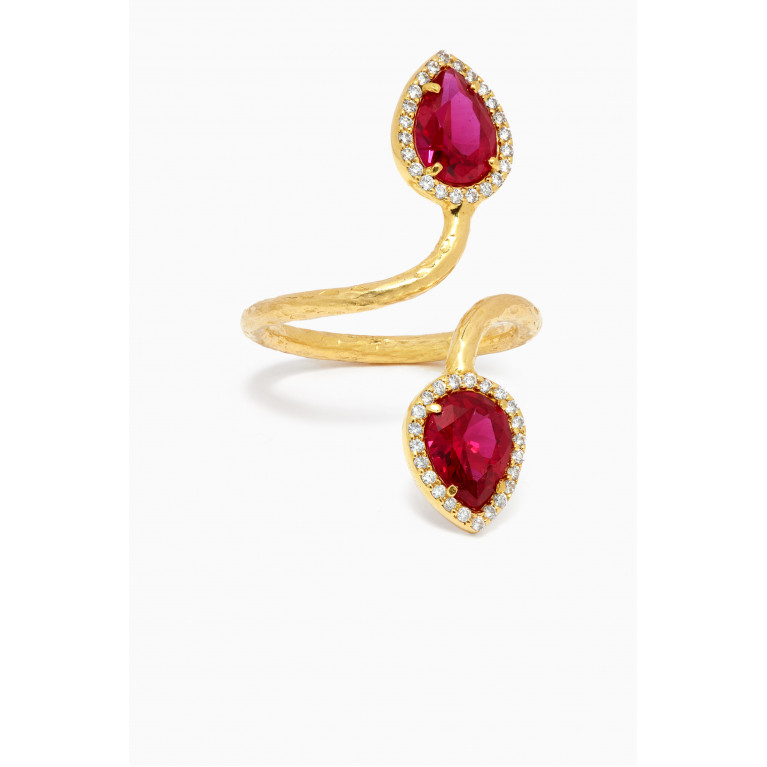 Dima Jewellery - Double Drop Ruby & Diamond Ring in 18kt Yellow Gold