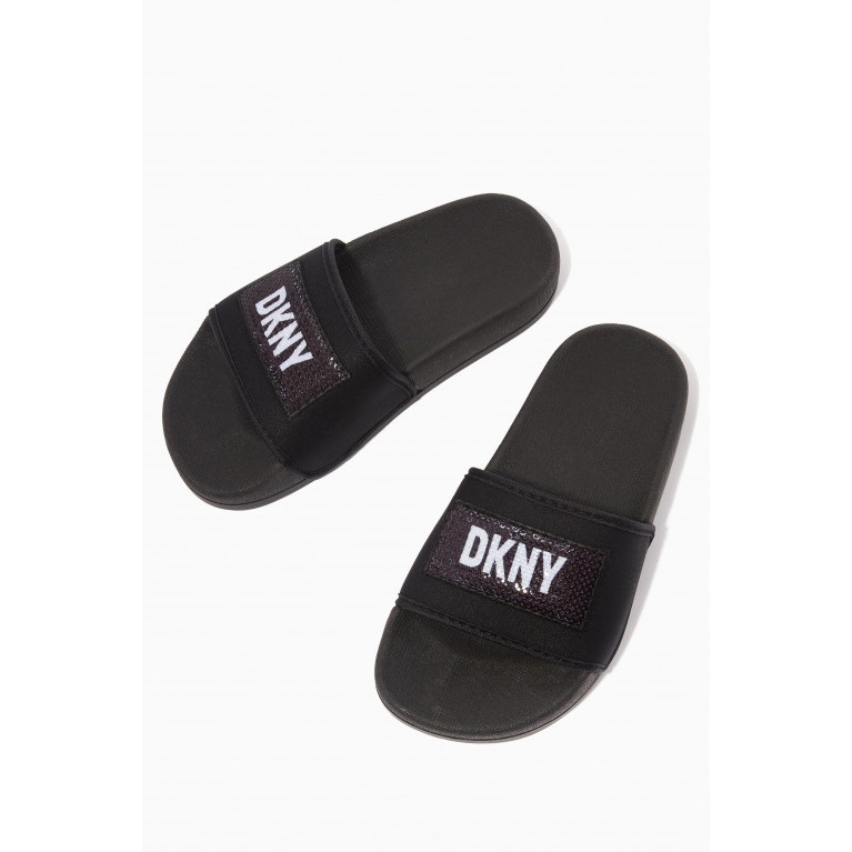DKNY - Logo Glittery Patch Slides in Rubber