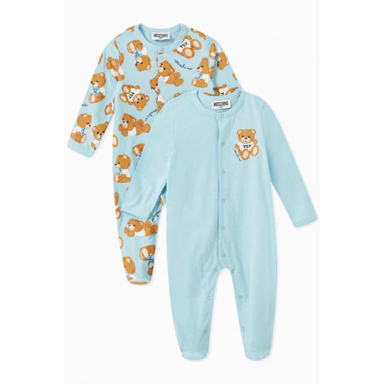 Moschino - Teddy Toy & Logo Print Sleepsuits in Cotton Jersey, Set of 2