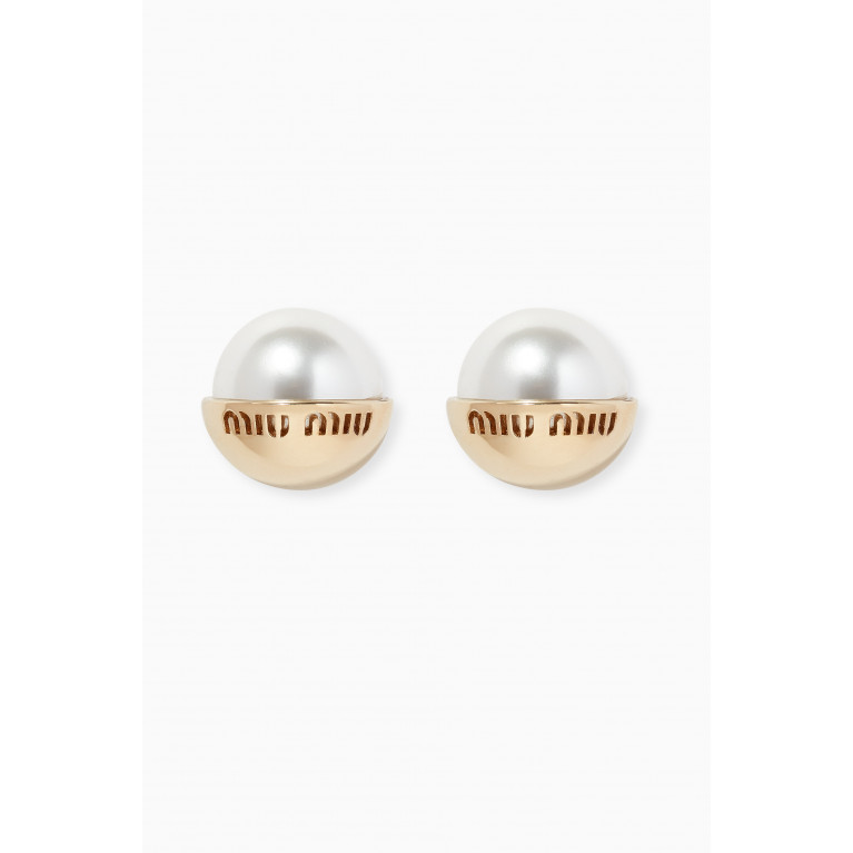 Miu Miu - Logo Stud Earrings in Pearl & Metal
