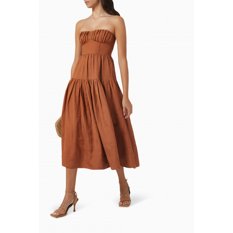 Shona Joy - Jules Strapless Ruched Midi Dress in Linen-blend