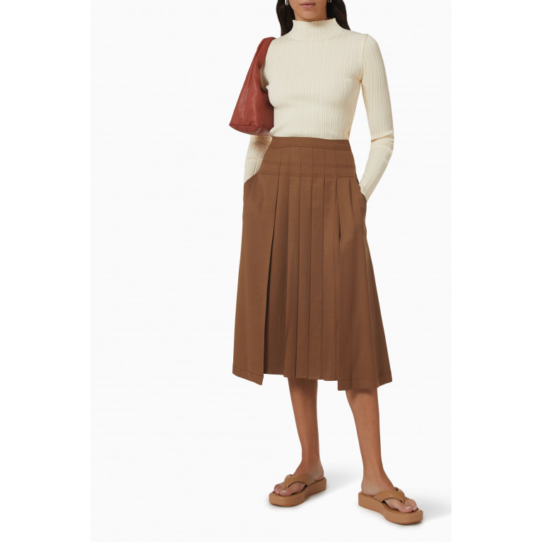 LVIR - Half-pleated Midi Skirt in Textured Fabric Brown