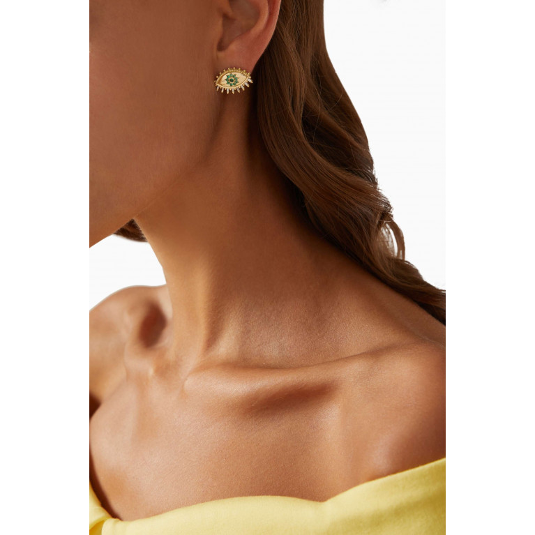 Azza Fahmy - The Eye Emerald Diamond Stud Earrings in 18kt Yellow Gold