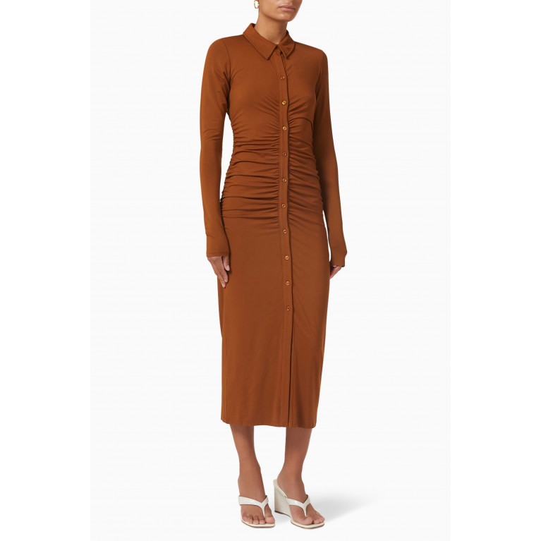 Good American - Good Touch Button Front Midi Dress in Rayon Jersey Brown