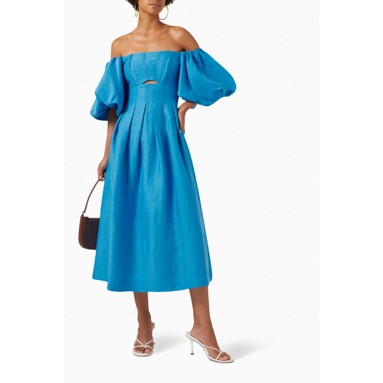 Aje - Eugenie Off-shoulder Midi Dress in Linen Blue