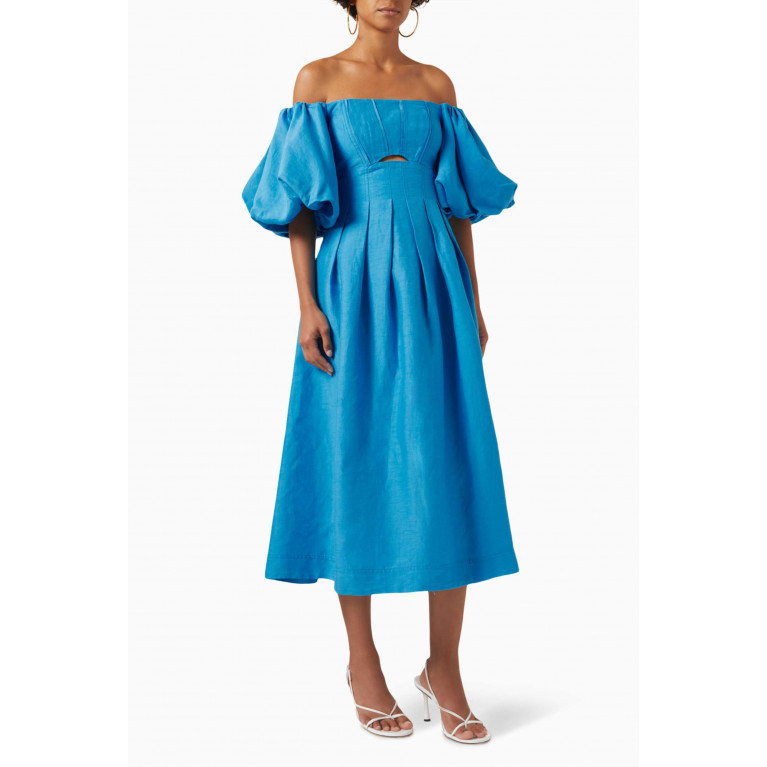 Aje - Eugenie Off-shoulder Midi Dress in Linen Blue