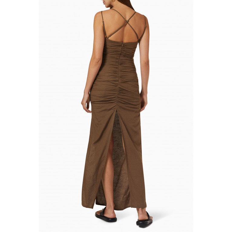 Rumer - Mecca Ruched Dress in Linen Brown