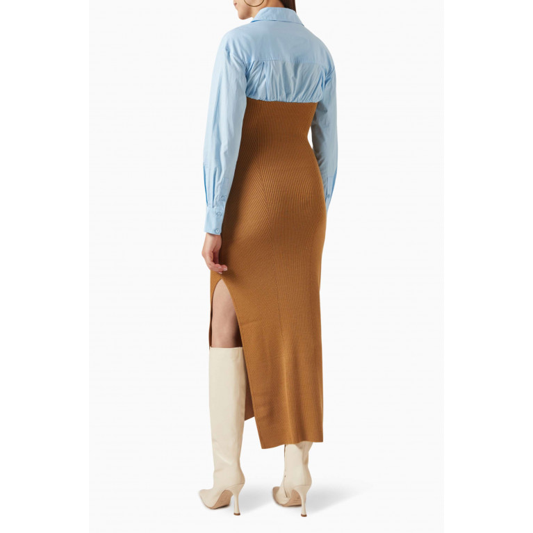 Staud - Hazel Midi Dress in Poplin & Wool-blend Brown
