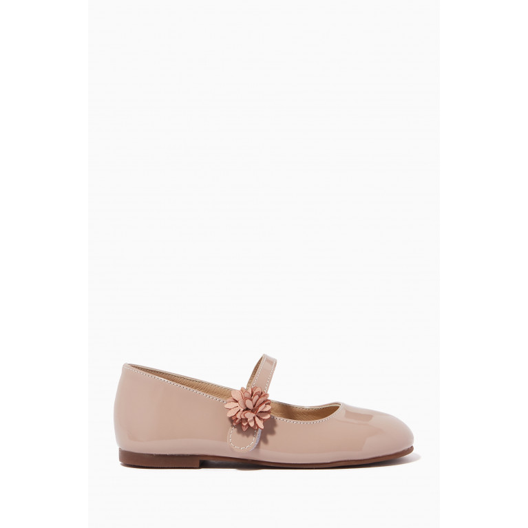 Babywalker - Flower-embellished Ballerina Shoes in Patent Leather Neutral